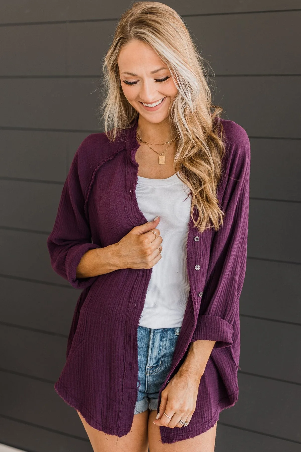 All Around Amazed Button Top- Eggplant