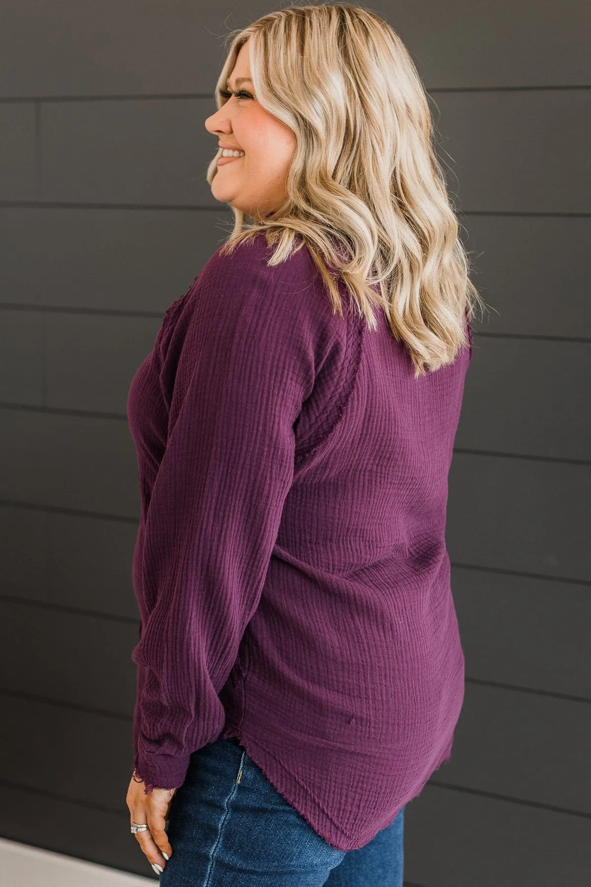 All Around Amazed Button Top- Eggplant