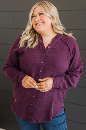 All Around Amazed Button Top- Eggplant