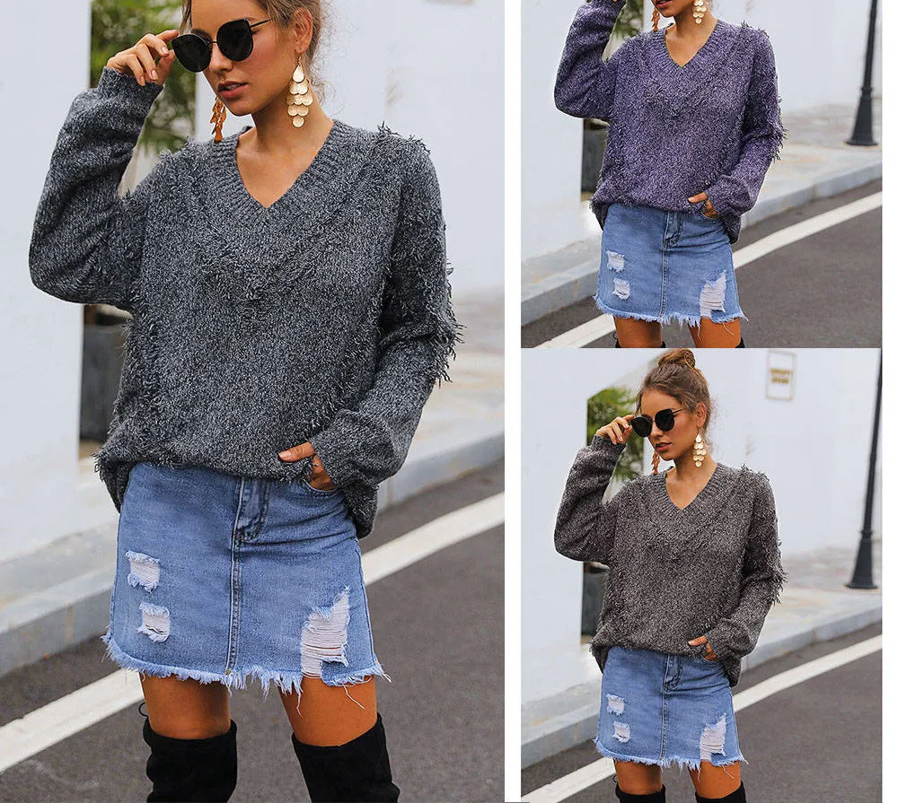 Autumn and Winter Women's Heart-shaped Collar Pullover In The Long Sweater Tassel Thick Sweater