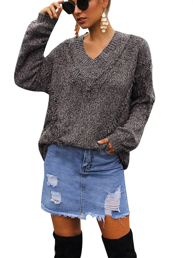Autumn and Winter Women's Heart-shaped Collar Pullover In The Long Sweater Tassel Thick Sweater