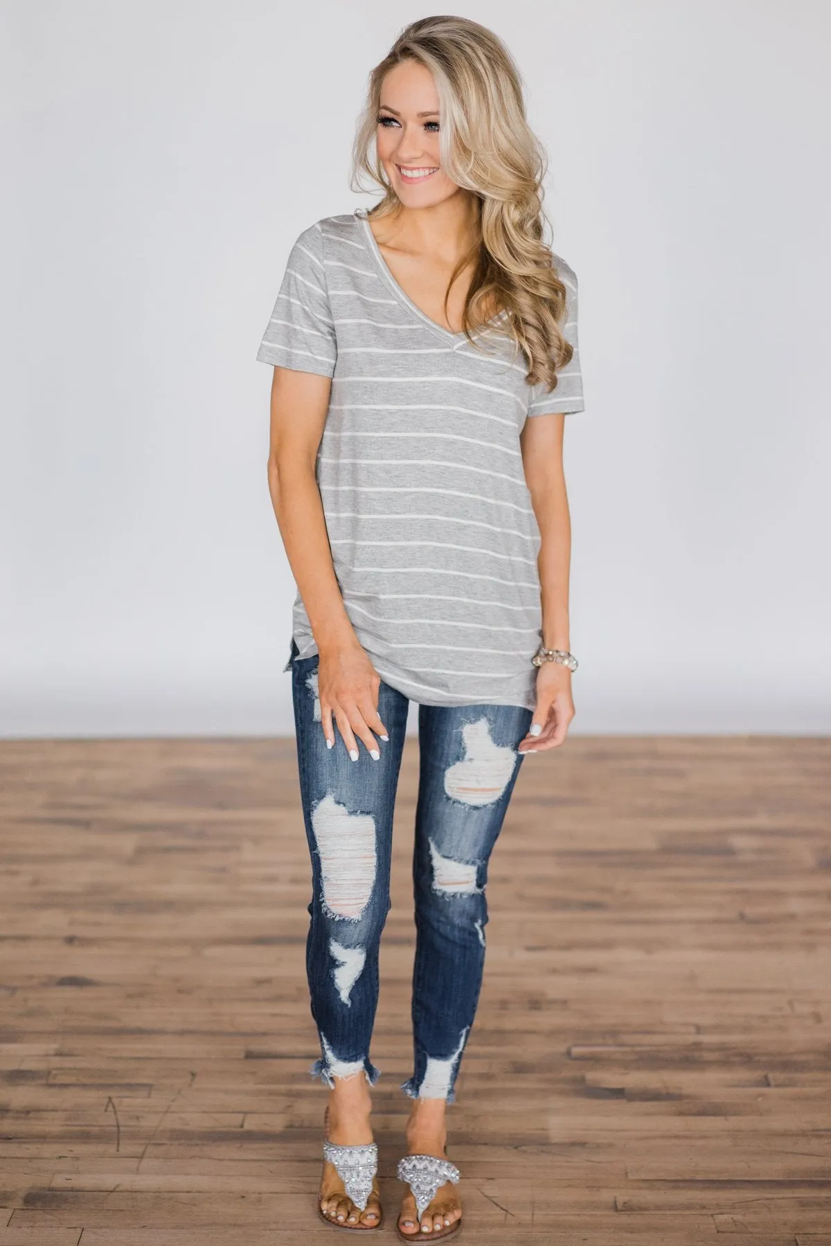 Beautiful and Basic Striped Top - Grey