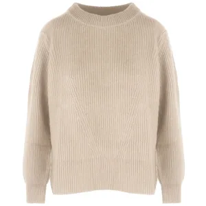 Beige Cashmere Women Sweater with Ribbed Embroidery