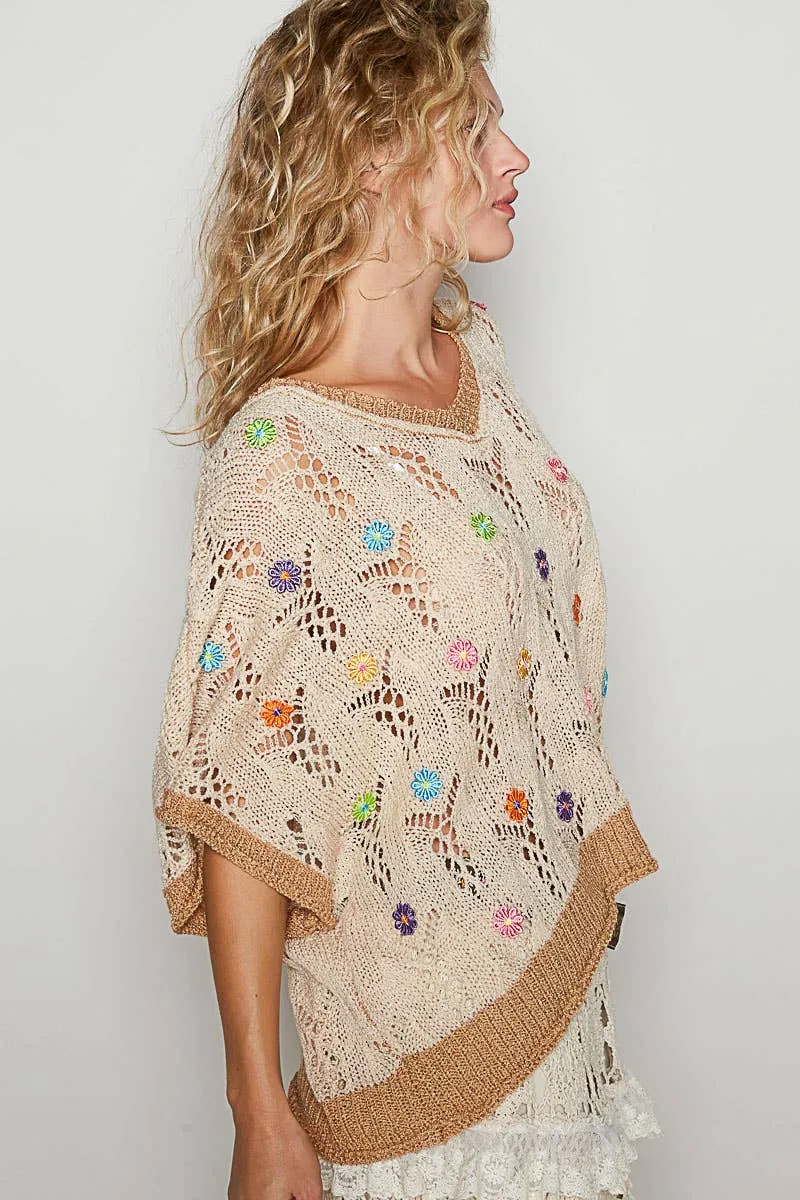 Beige Latte V-neck sleeveless flower outseam thin sweater POL top