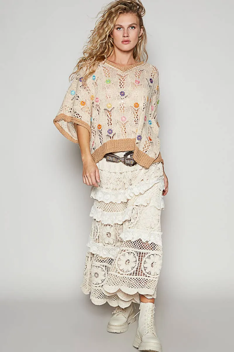 Beige Latte V-neck sleeveless flower outseam thin sweater POL top