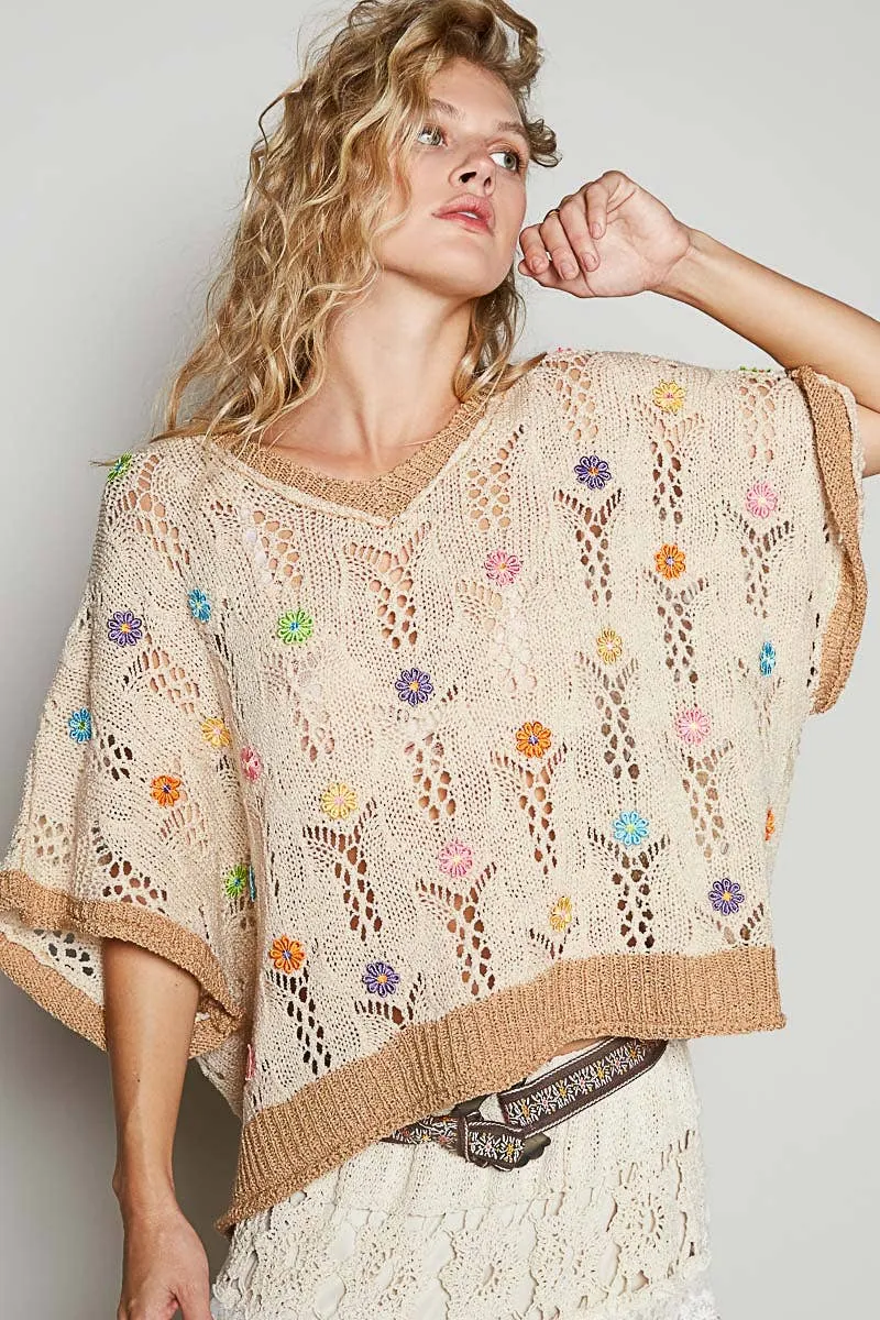 Beige Latte V-neck sleeveless flower outseam thin sweater POL top