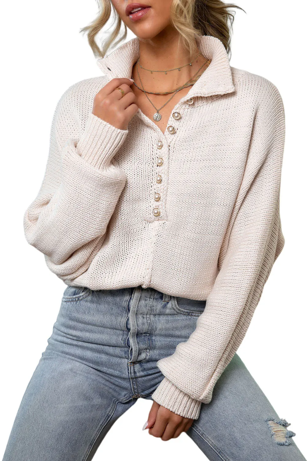 Beige Pearl Button Stand Collar Dolman Sleeve Sweater