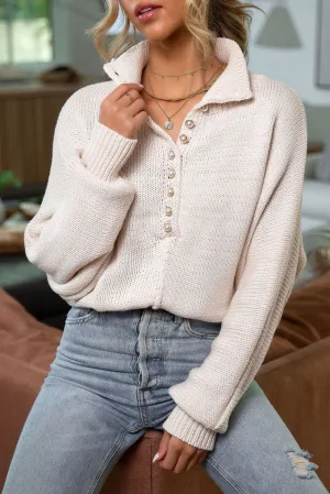 Beige Pearl Button Stand Collar Dolman Sleeve Sweater