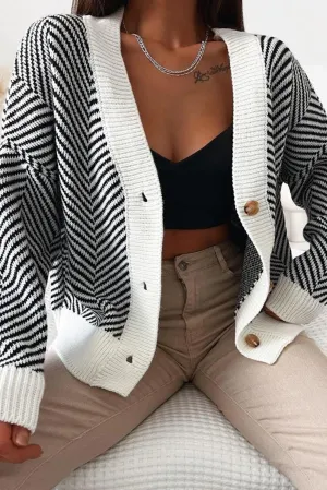 Black Contrast Striped Button-Up Sweater Cardigan