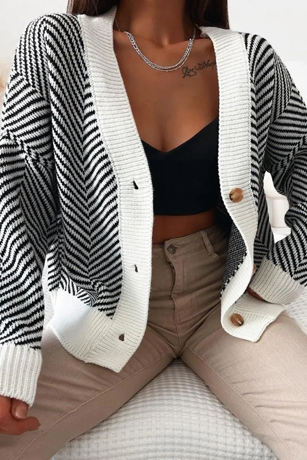 Black Contrast Striped Button-Up Sweater Cardigan