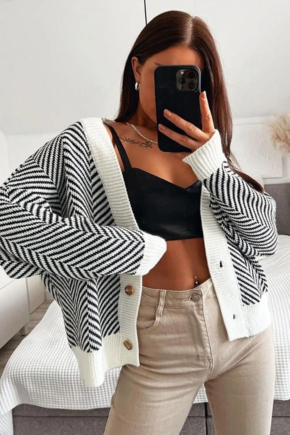 Black Contrast Striped Button-Up Sweater Cardigan