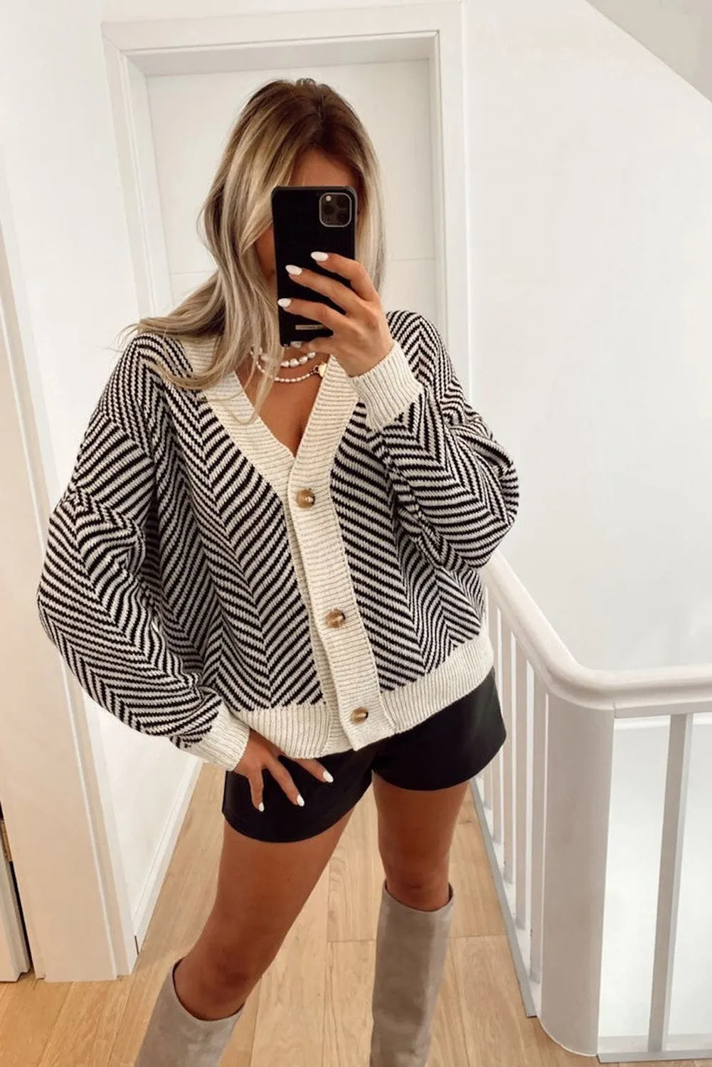 Black Contrast Striped Button-Up Sweater Cardigan