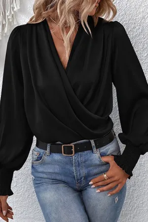 Black Drape V Neck Smocked Long Sleeve Blouse