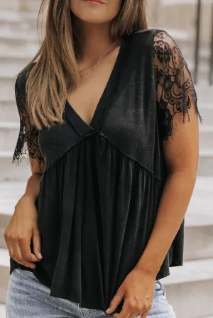 Black Eyelash Lace Sleeve V Neck Ruffle Top