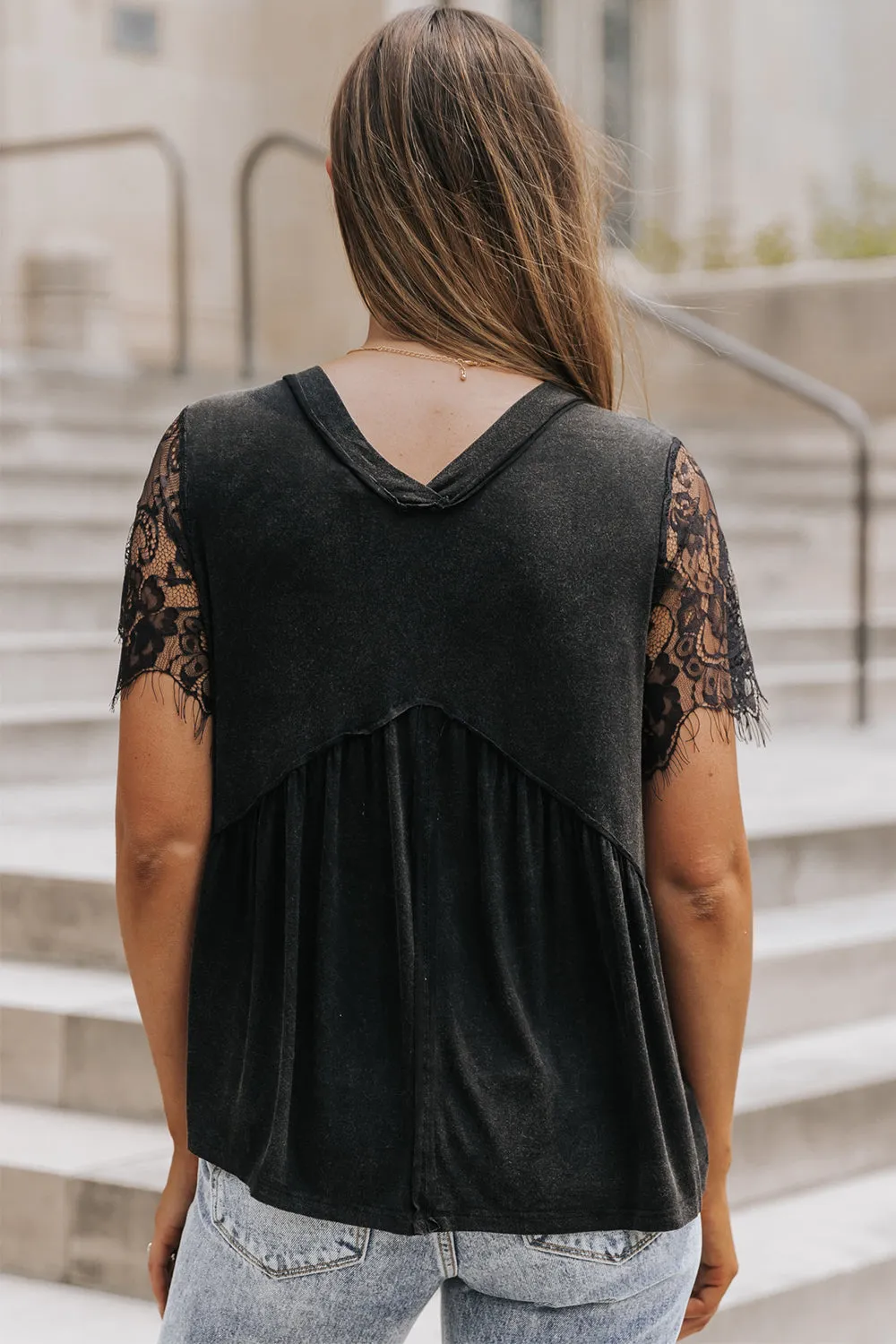 Black Eyelash Lace Sleeve V Neck Ruffle Top