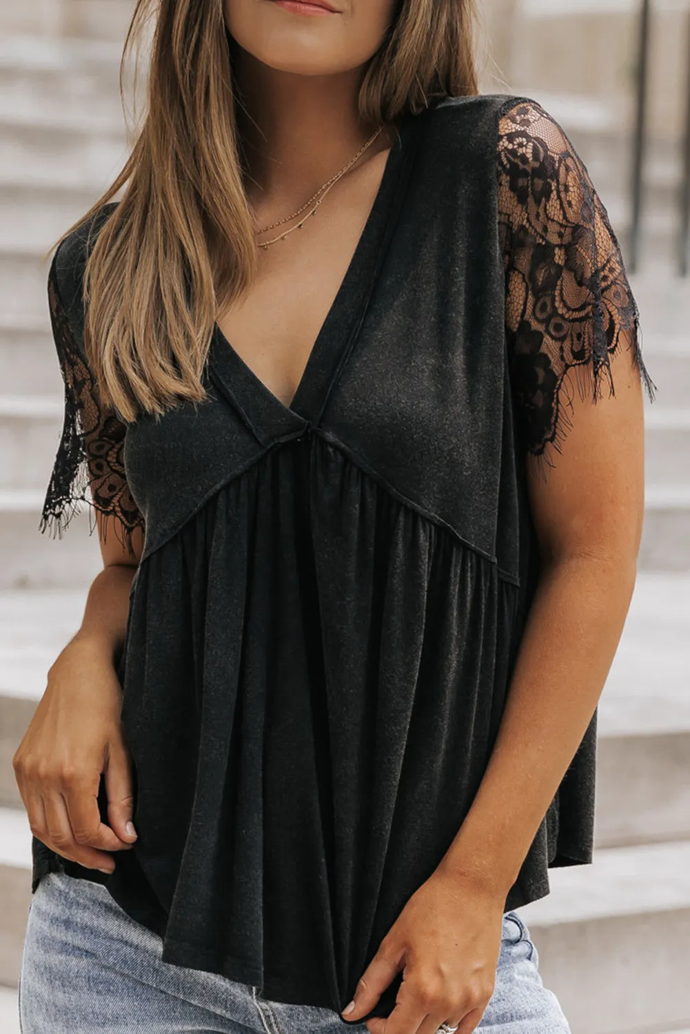 Black Eyelash Lace Sleeve V Neck Ruffle Top