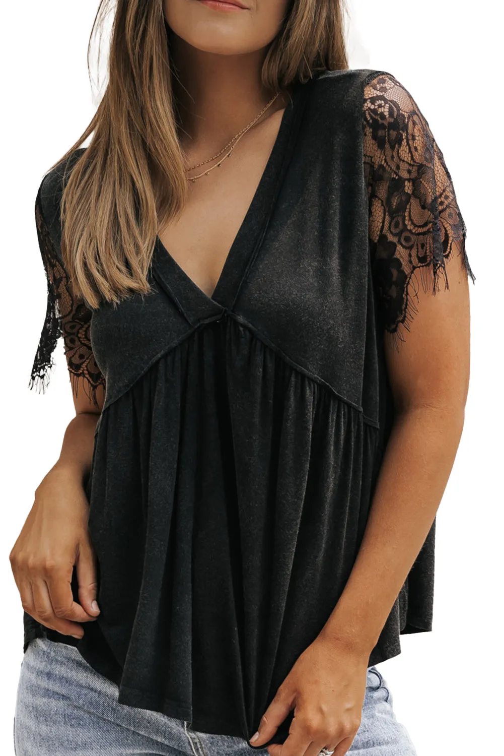 Black Eyelash Lace Sleeve V Neck Ruffle Top