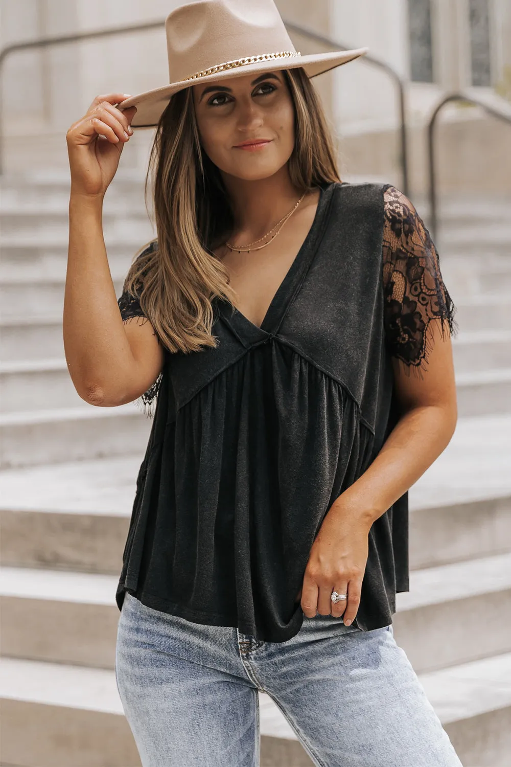 Black Eyelash Lace Sleeve V Neck Ruffle Top