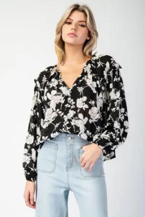 Black Floral Crinkle Chiffon V Neck Blouse