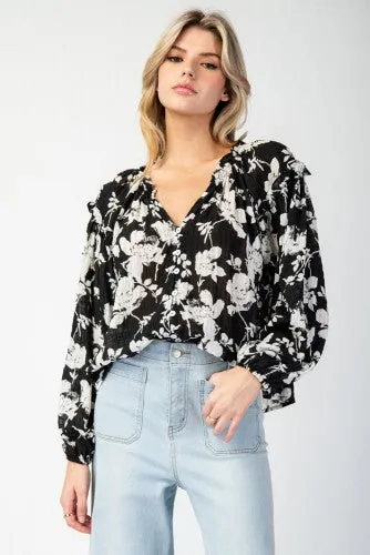 Black Floral Crinkle Chiffon V Neck Blouse