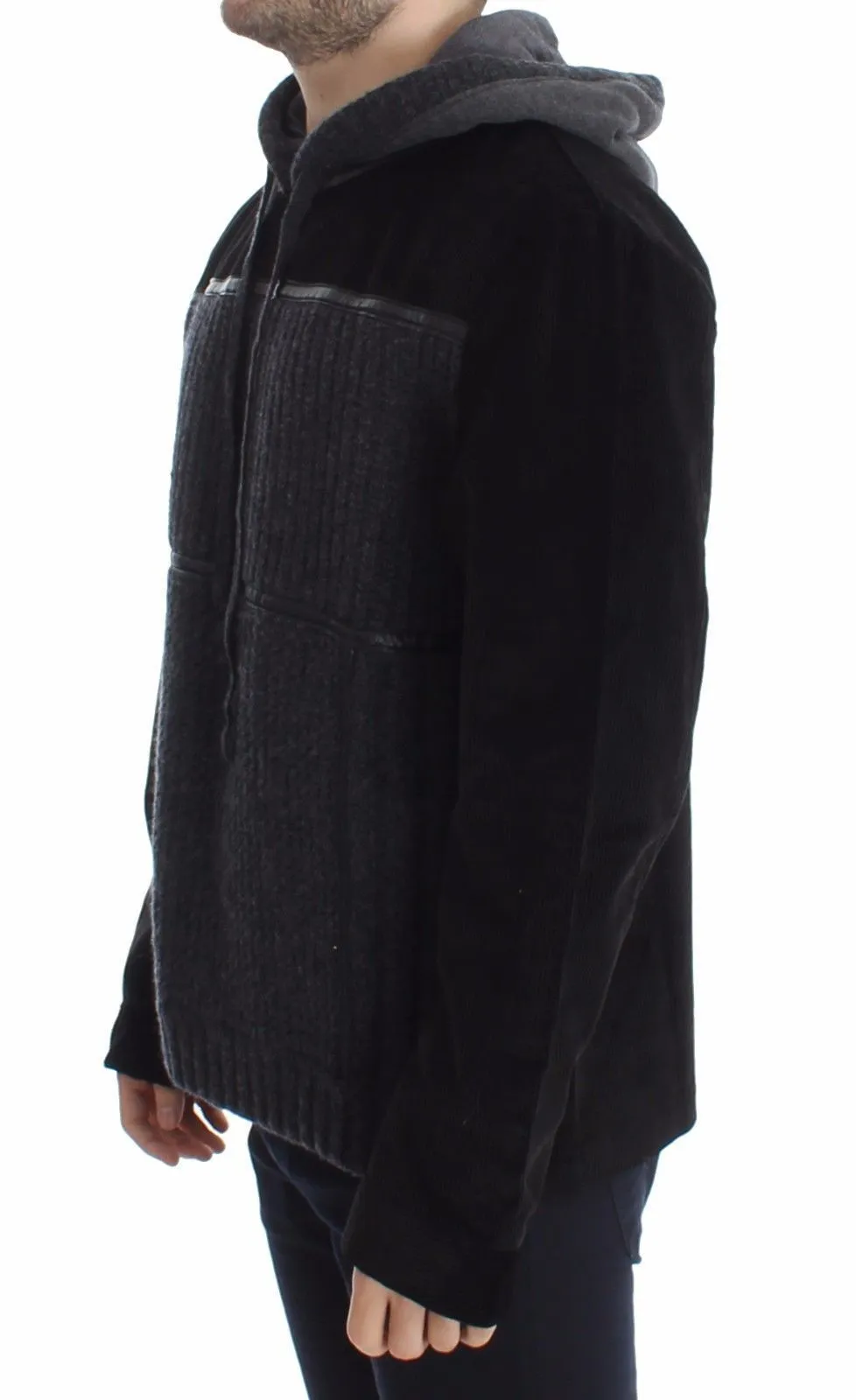Black Gray Knitted Hooded Sweater Pullover