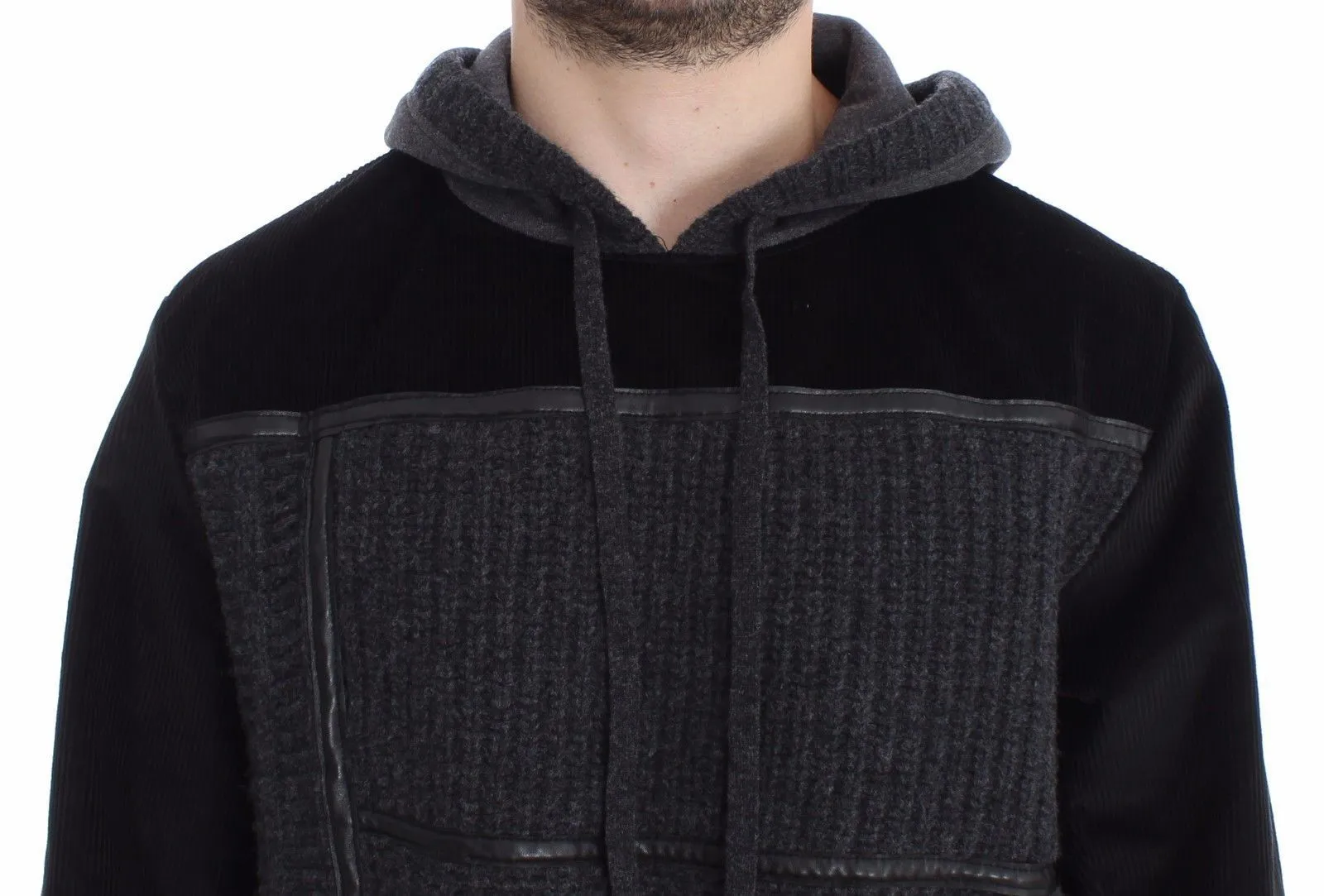 Black Gray Knitted Hooded Sweater Pullover