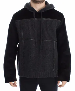 Black Gray Knitted Hooded Sweater Pullover