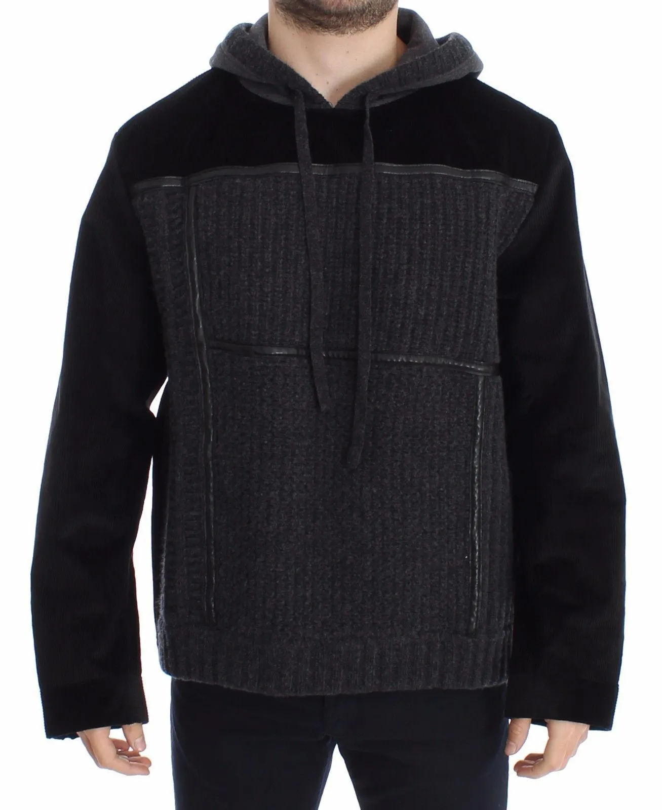 Black Gray Knitted Hooded Sweater Pullover