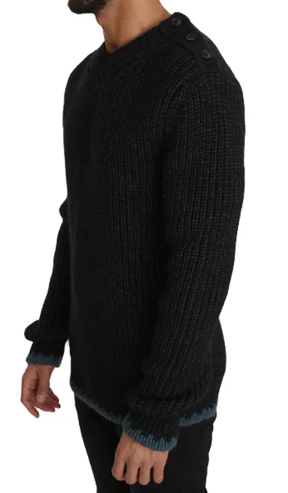 Black Knit Wool Crewneck Pullover Sweater