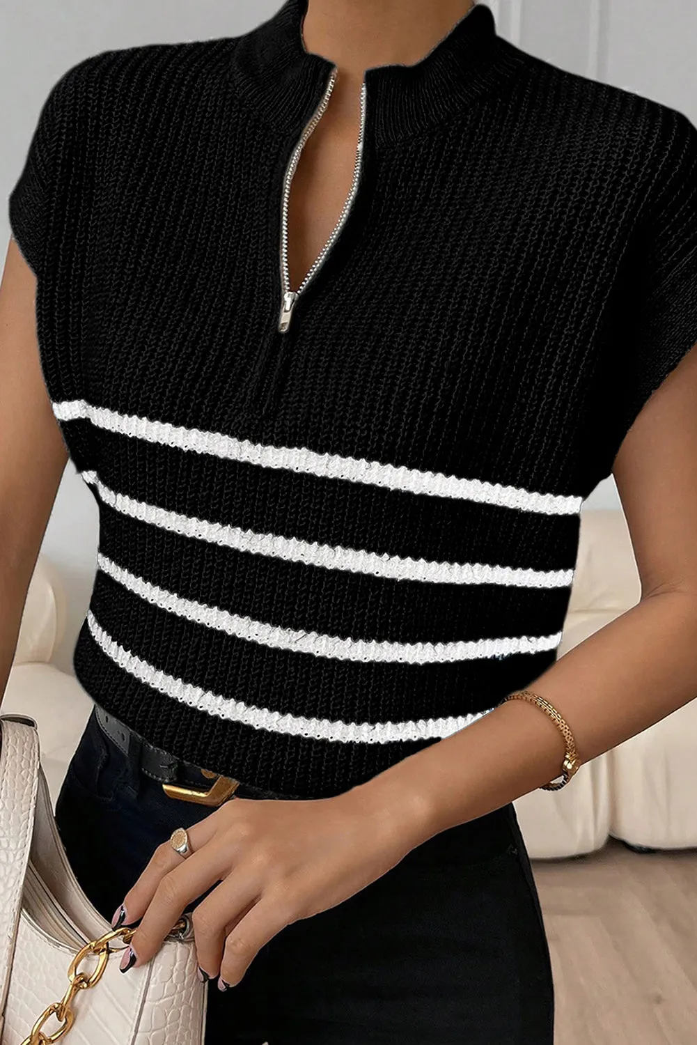 Black Stripe Half Zip Split Neck Sweater Vest