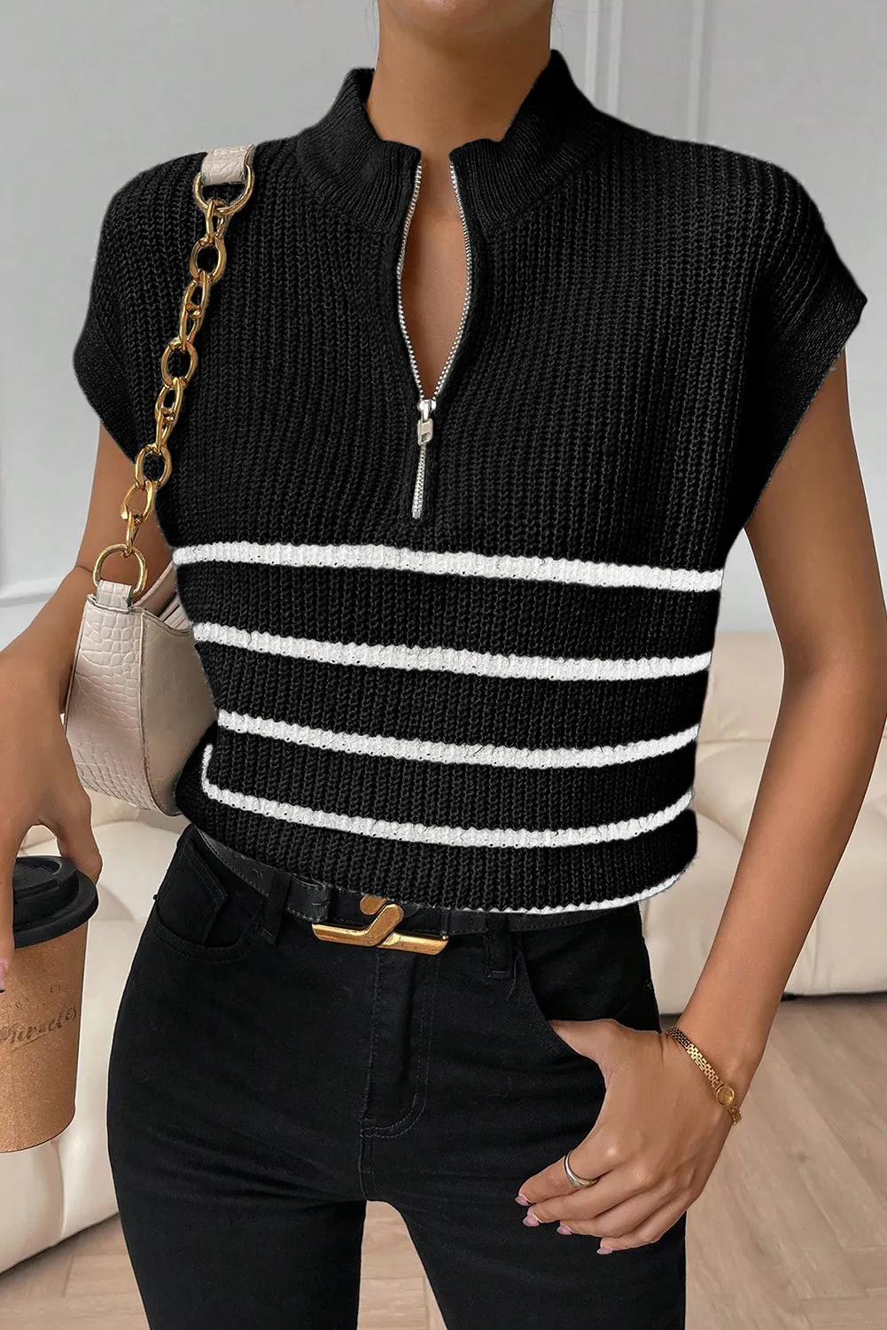 Black Stripe Half Zip Split Neck Sweater Vest