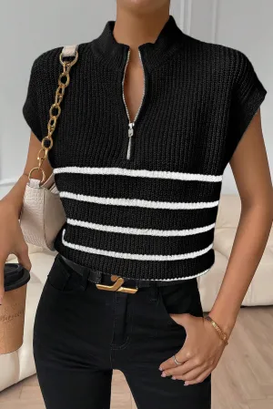 Black Stripe Half Zip Split Neck Sweater Vest