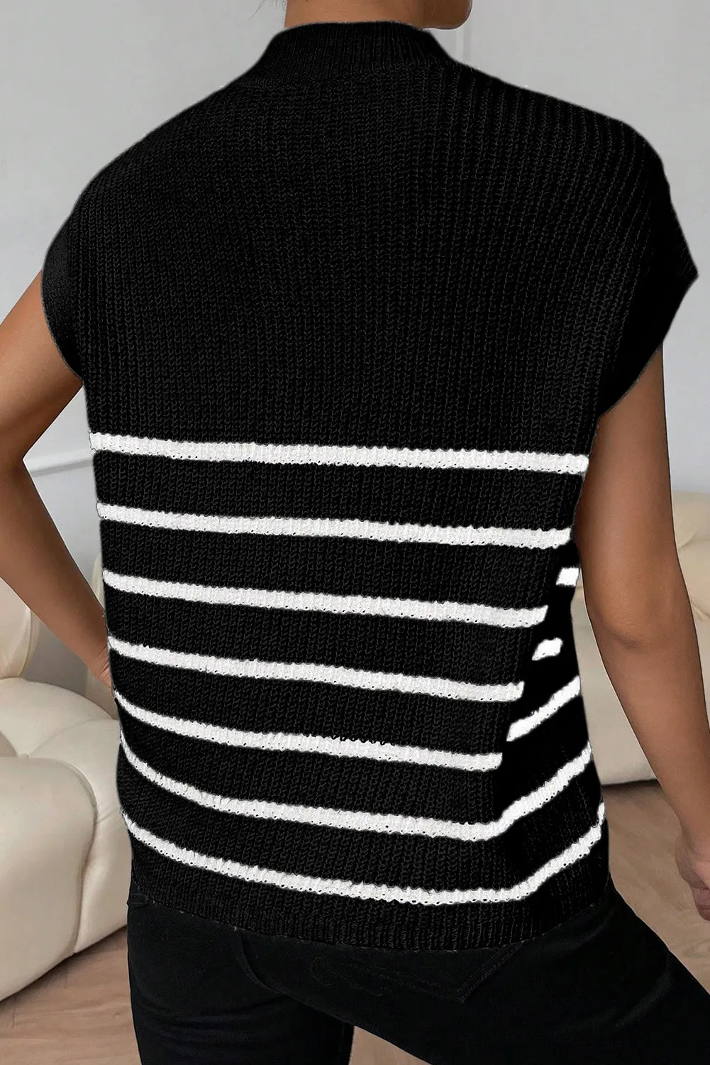 Black Stripe Half Zip Split Neck Sweater Vest