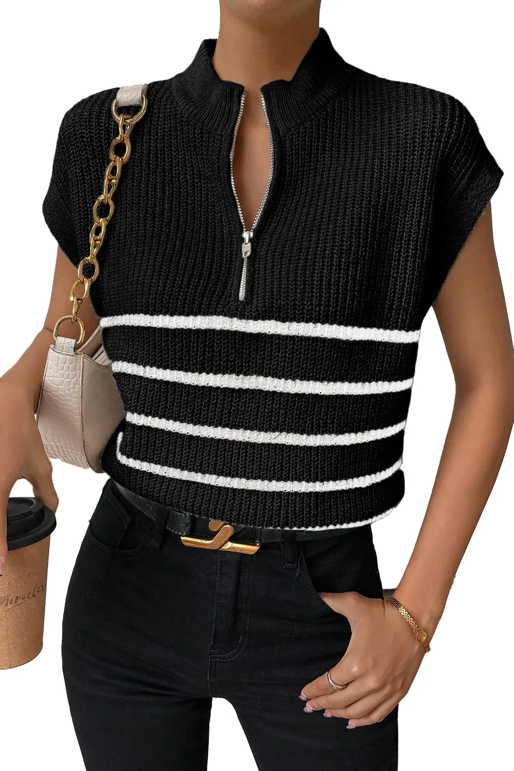 Black Stripe Half Zip Split Neck Sweater Vest