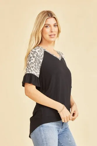 Black V Neck with Leo Shoulder Ruffle Sleeve