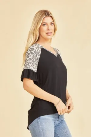 Black V Neck with Leo Shoulder Ruffle Sleeve