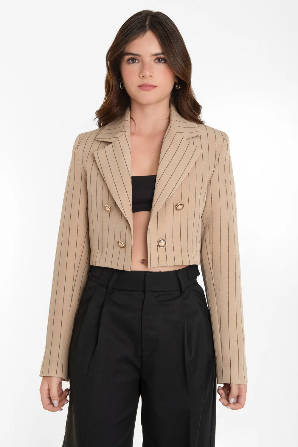 Blazer corto abierto de rayas botones en contraste