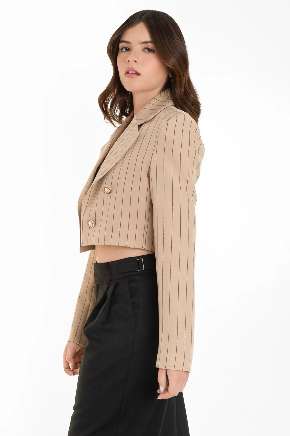 Blazer corto abierto de rayas botones en contraste