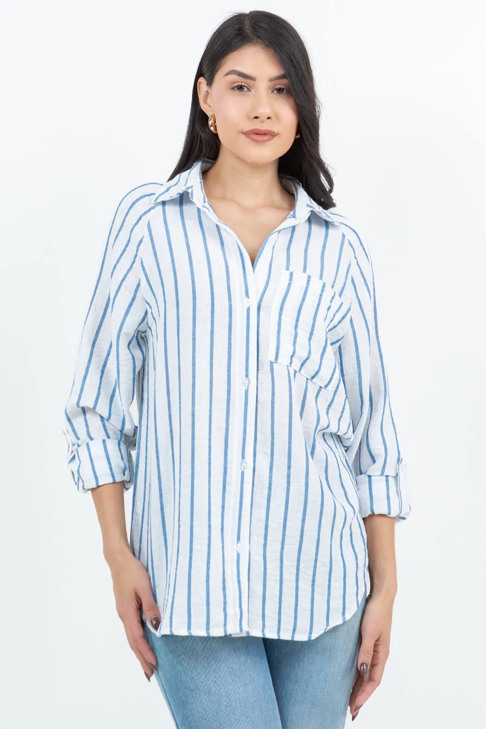 Blue Air Breeze Sheer Stripe Button-Up Overshirt