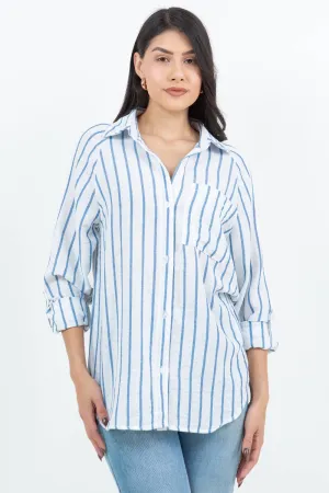 Blue Air Breeze Sheer Stripe Button-Up Overshirt