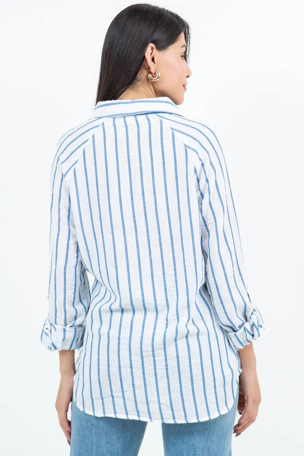 Blue Air Breeze Sheer Stripe Button-Up Overshirt