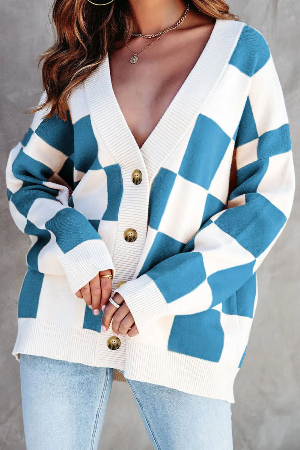 Blue Colorblock Plaid Button Up Cardigan