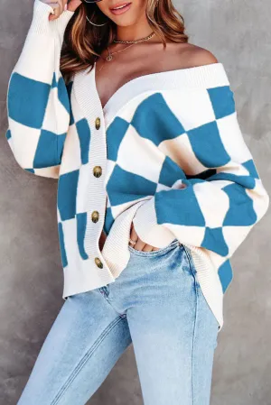 Blue Colorblock Plaid Button Up Cardigan