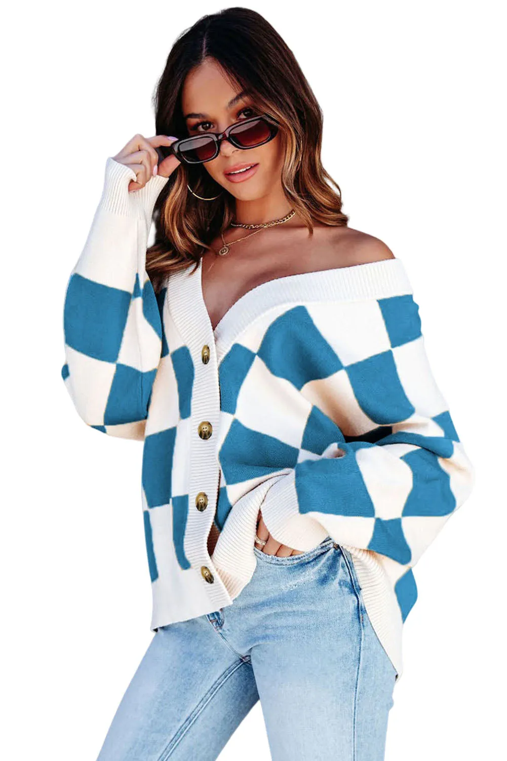Blue Colorblock Plaid Button Up Cardigan