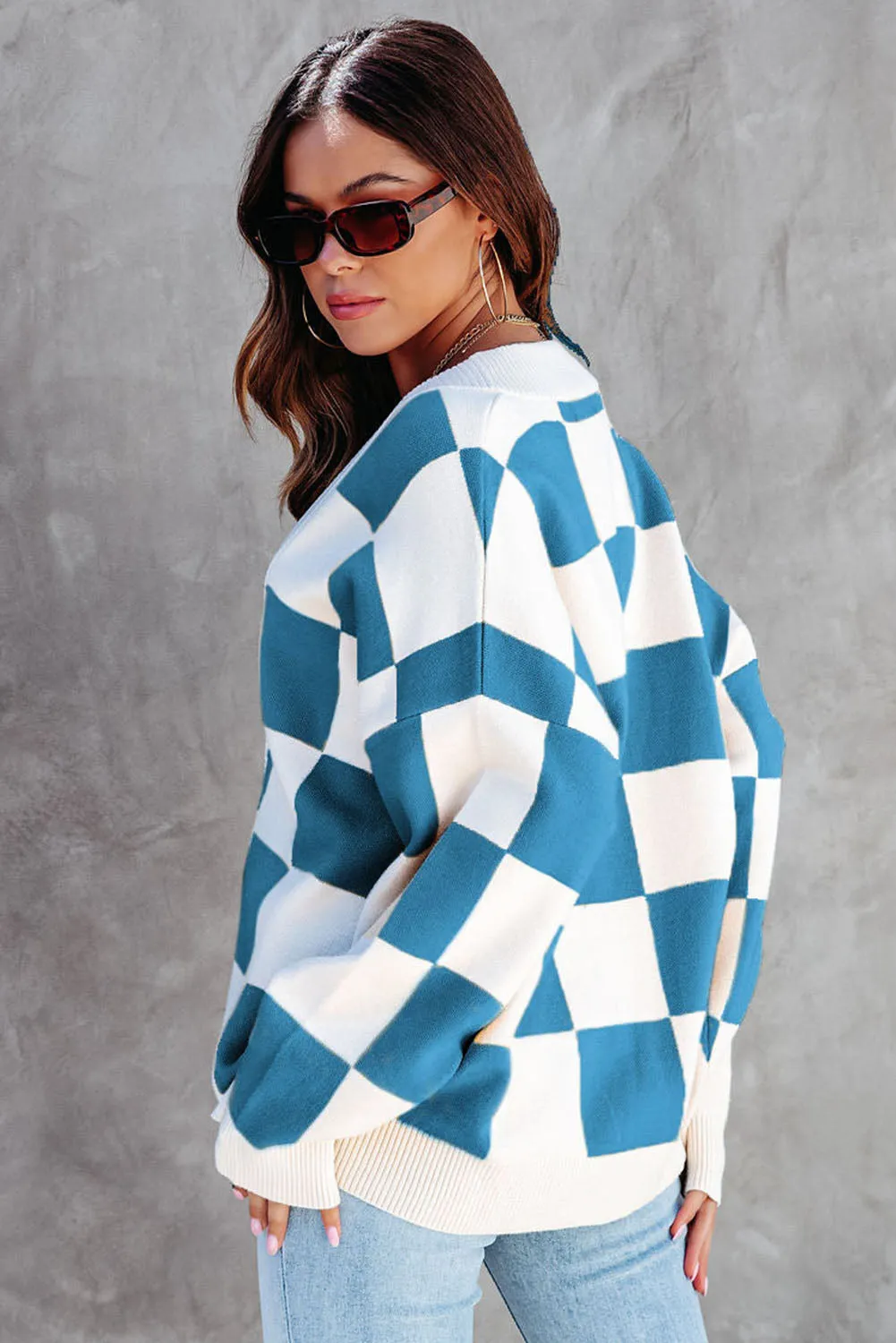 Blue Colorblock Plaid Button Up Cardigan