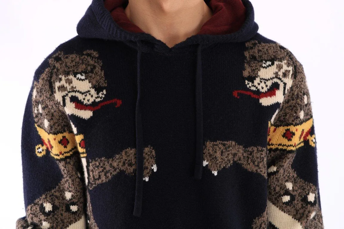 Blue Knitted Wool Hooded Sweater