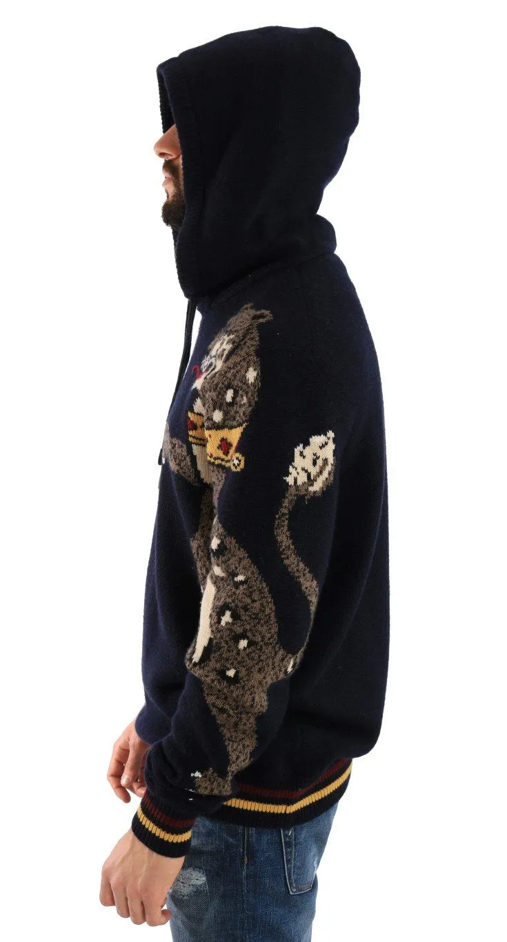 Blue Knitted Wool Hooded Sweater
