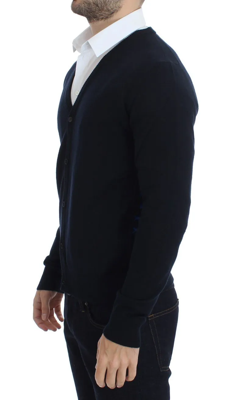 Blue Wool Button Down Logo Cardigan