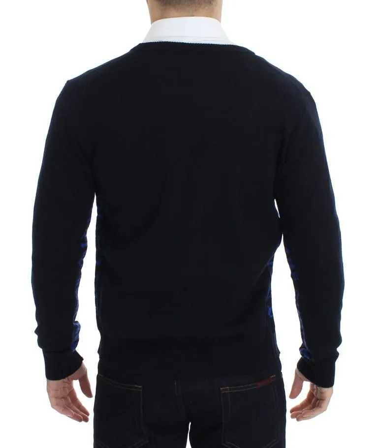 Blue Wool Button Down Logo Cardigan
