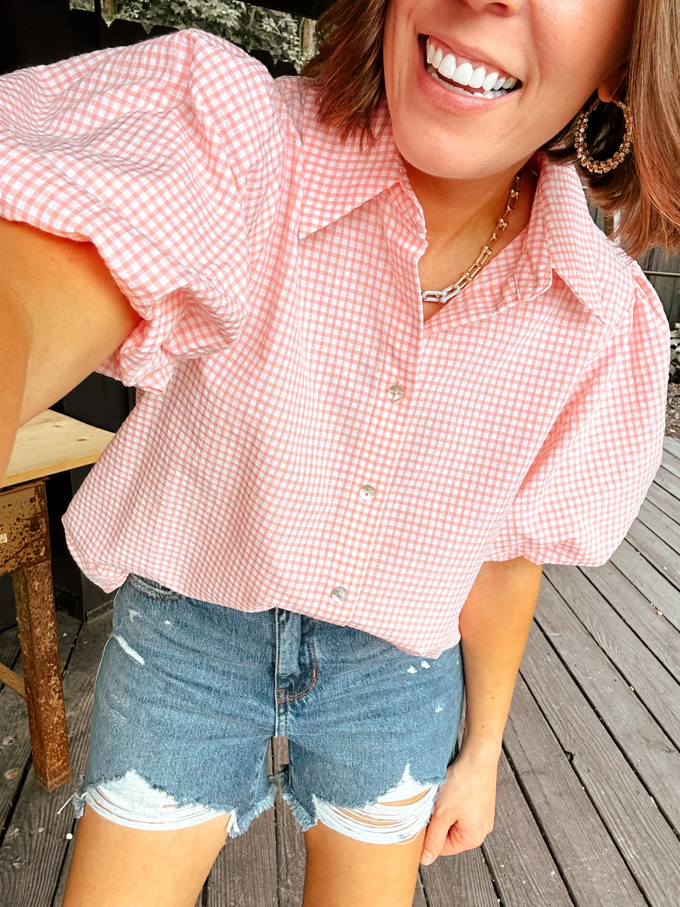 Blush Soft Check Balloon Sleeve Button Up